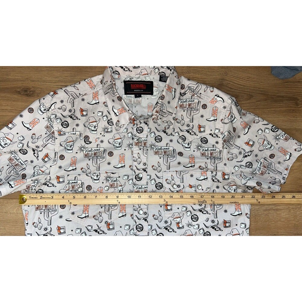 Men’s Rock & Roll Skeleton Wild West Western Pearl Button Down Shirt Large SS - Picture 6 of 7